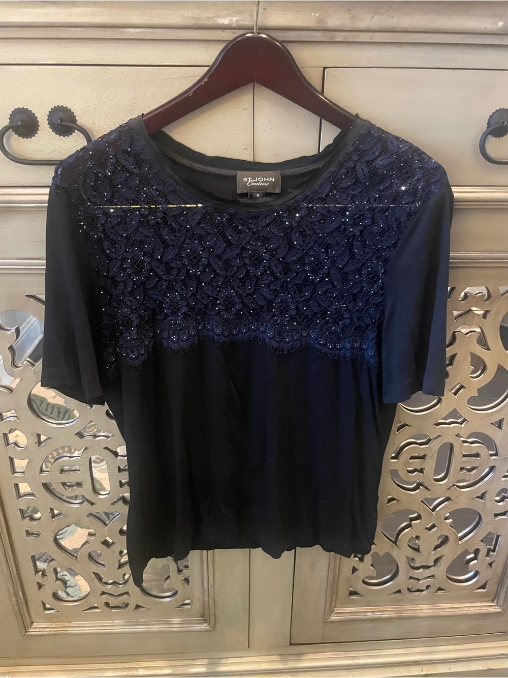 St. John Couture Collection Navy Beaded Lace Yoke Short Sleeve Top